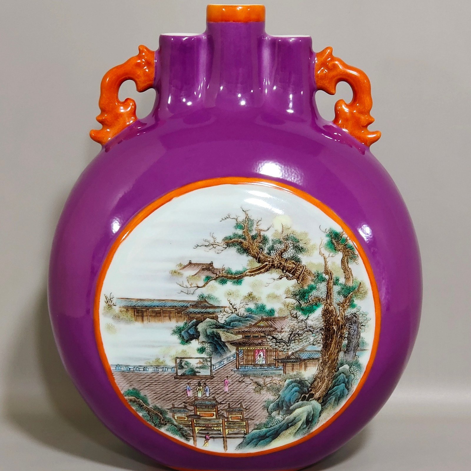 Qing Dynasty Qianlong eggplant skin purple glaze window landscape attic three tube moon holding vase