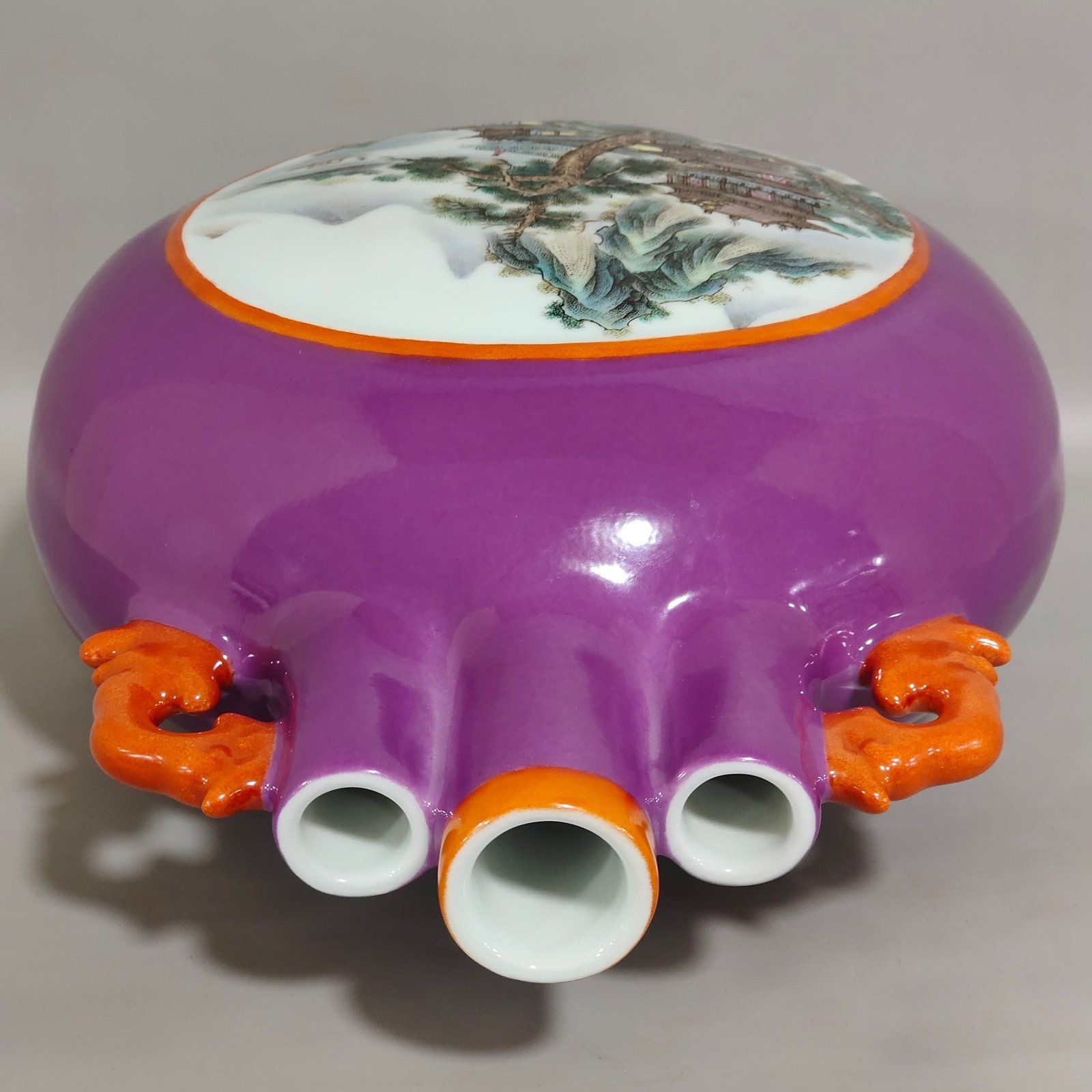 Qing Dynasty Qianlong eggplant skin purple glaze window landscape attic three tube moon holding vase