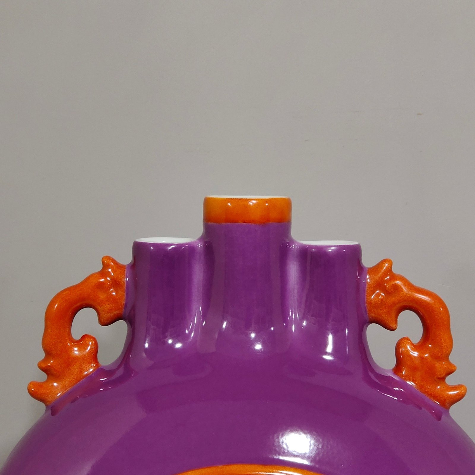 Qing Dynasty Qianlong eggplant skin purple glaze window landscape attic three tube moon holding vase