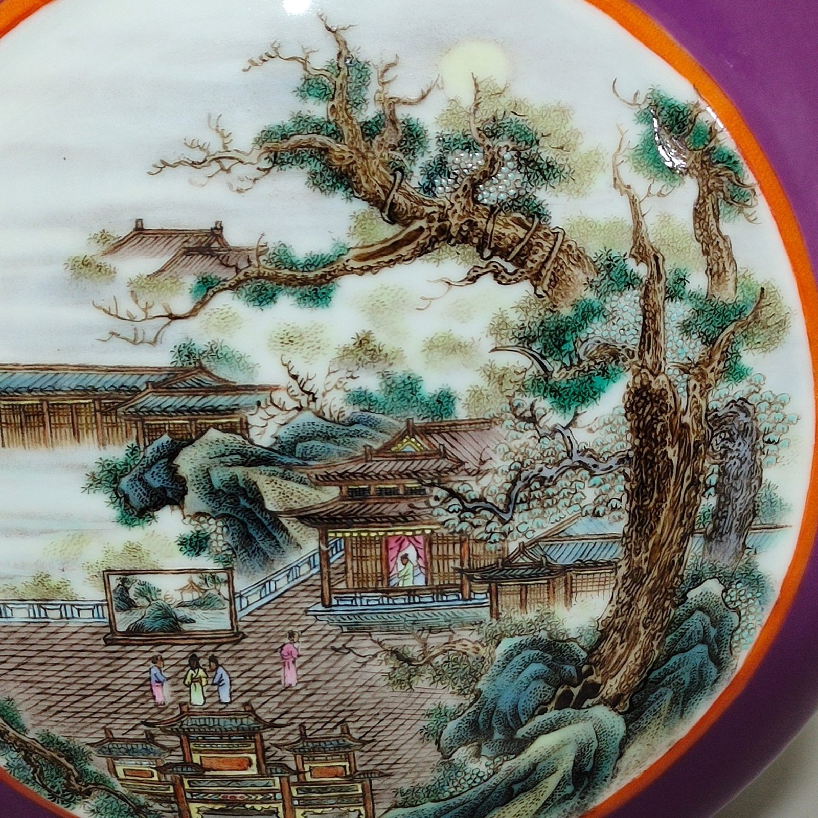 Qing Dynasty Qianlong eggplant skin purple glaze window landscape attic three tube moon holding vase