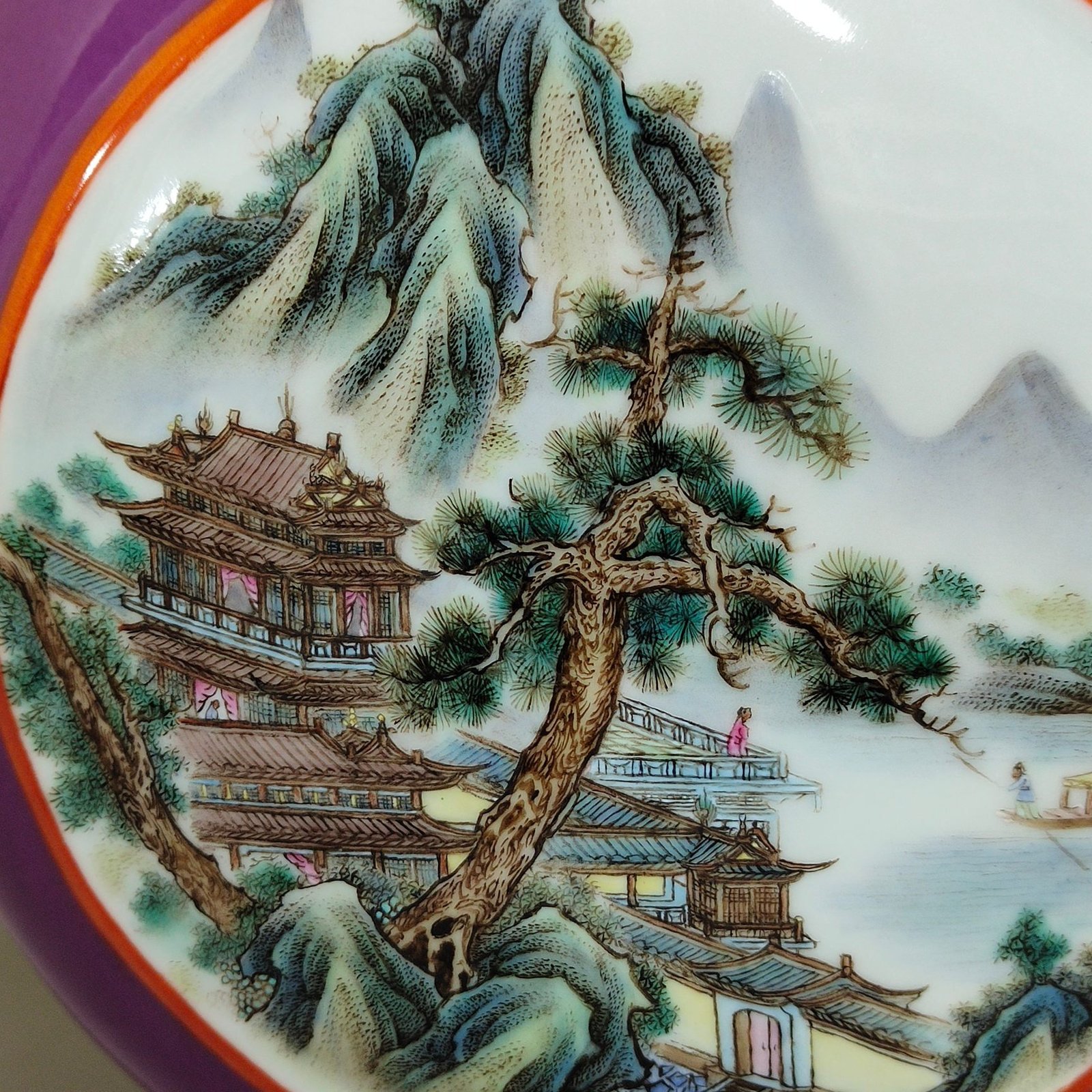 Qing Dynasty Qianlong eggplant skin purple glaze window landscape attic three tube moon holding vase