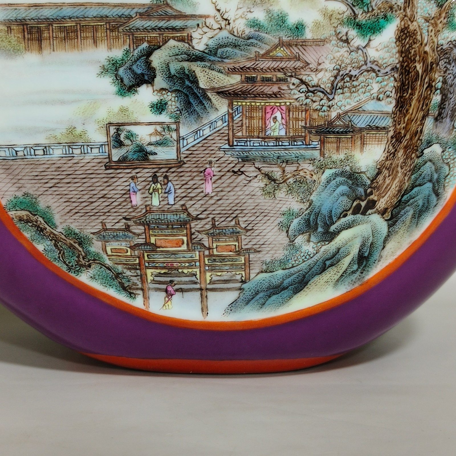 Qing Dynasty Qianlong eggplant skin purple glaze window landscape attic three tube moon holding vase