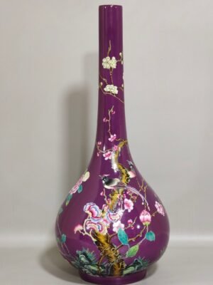 Qing Dynasty Qianlong SPurple glazed eggplant skin vase with poems about flowers and birds