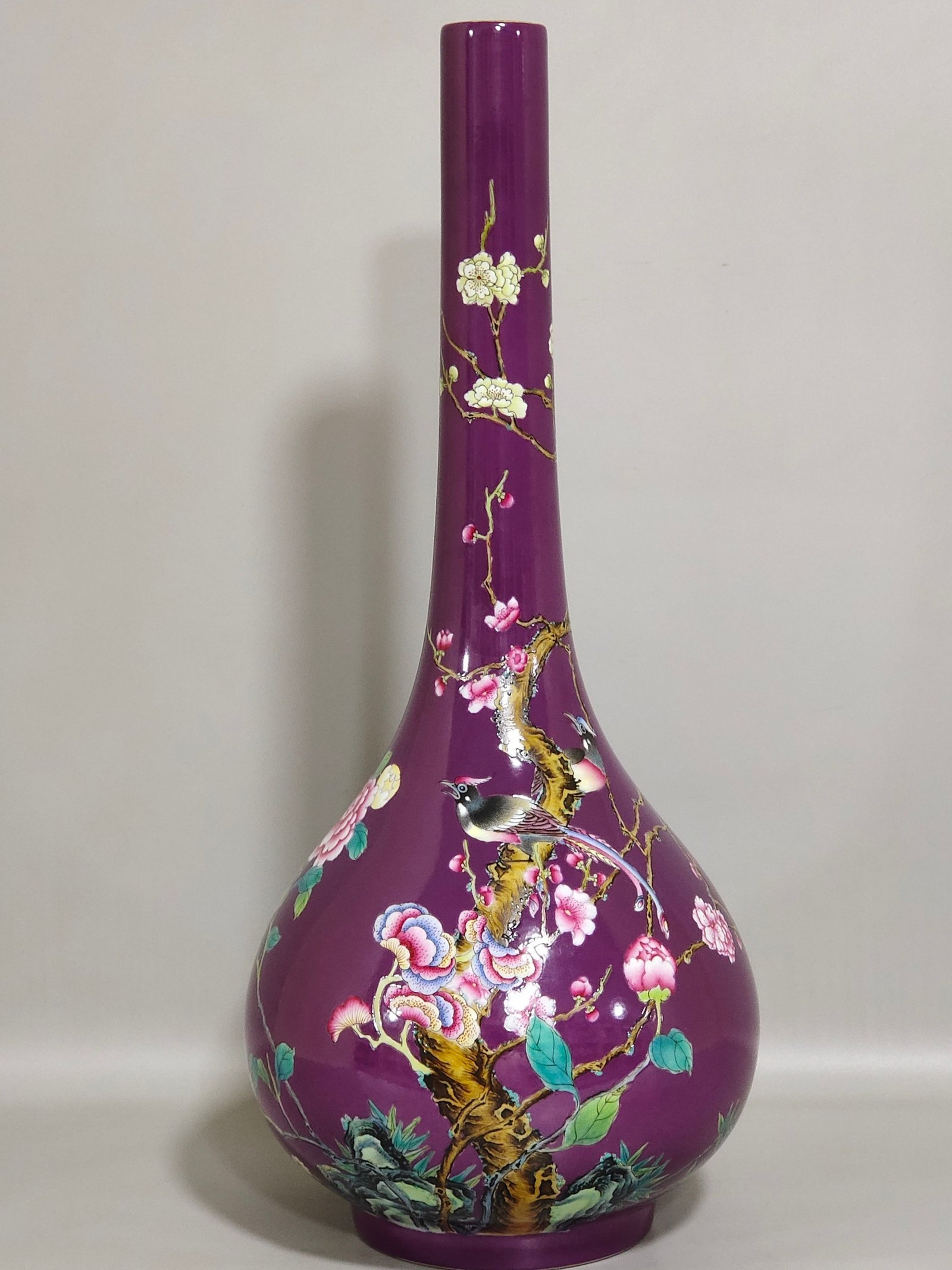 Qing Dynasty Qianlong SPurple glazed eggplant skin vase with poems about flowers and birds