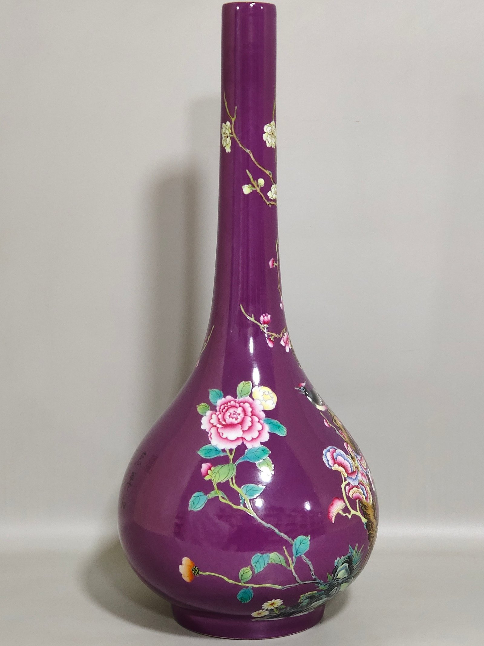 Qing Dynasty Qianlong SPurple glazed eggplant skin vase with poems about flowers and birds