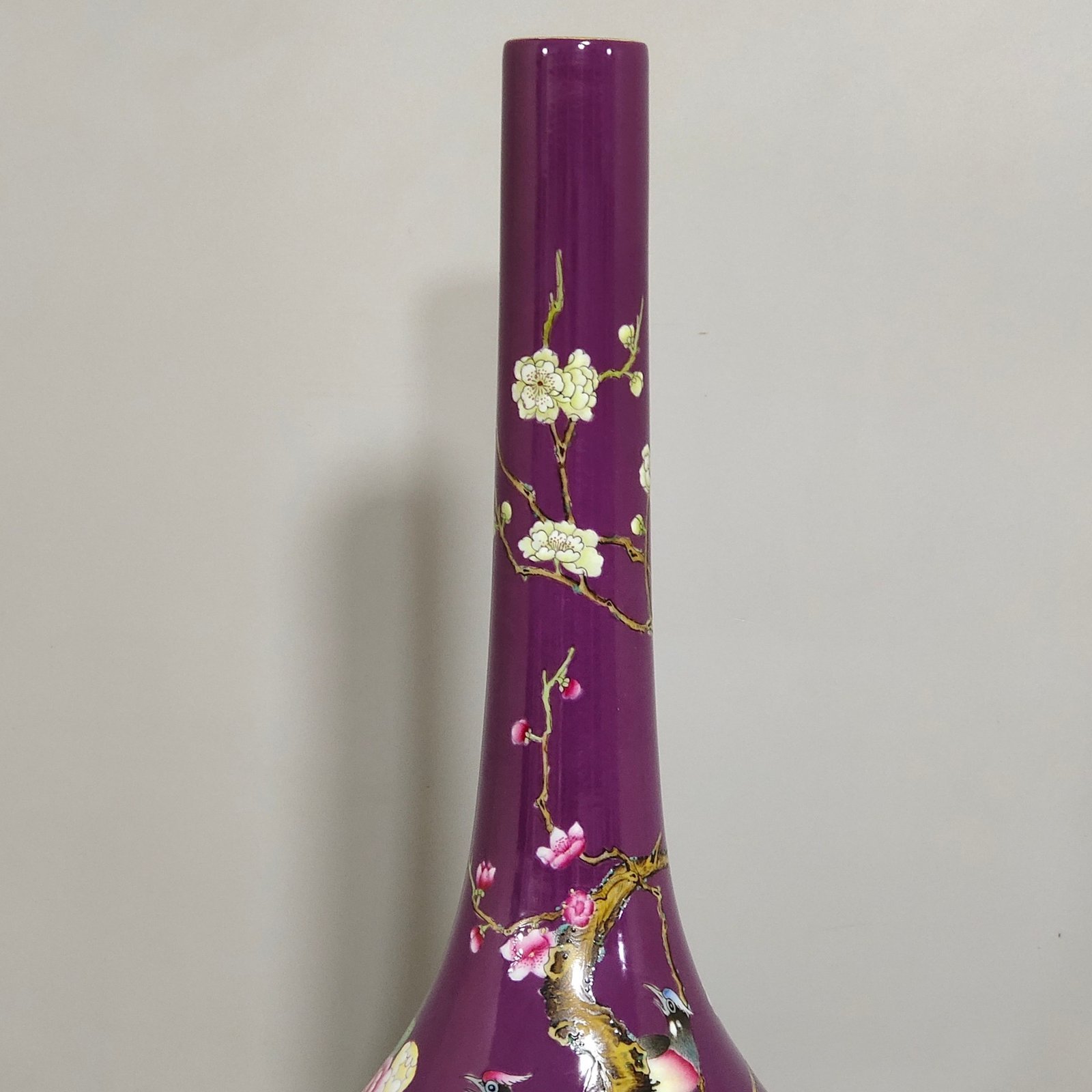 Qing Dynasty Qianlong SPurple glazed eggplant skin vase with poems about flowers and birds