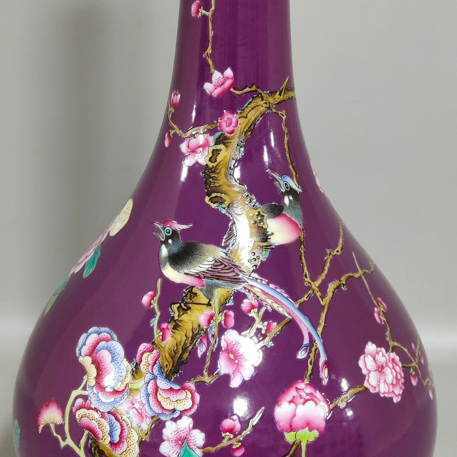 Qing Dynasty Qianlong SPurple glazed eggplant skin vase with poems about flowers and birds