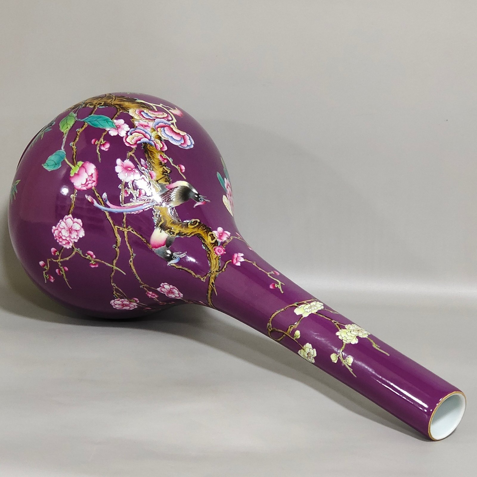 Qing Dynasty Qianlong SPurple glazed eggplant skin vase with poems about flowers and birds