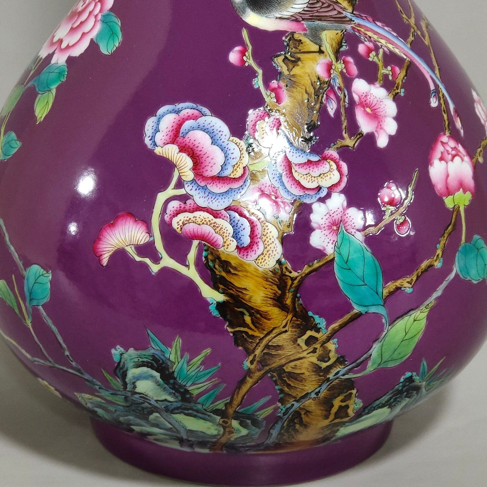 Qing Dynasty Qianlong SPurple glazed eggplant skin vase with poems about flowers and birds