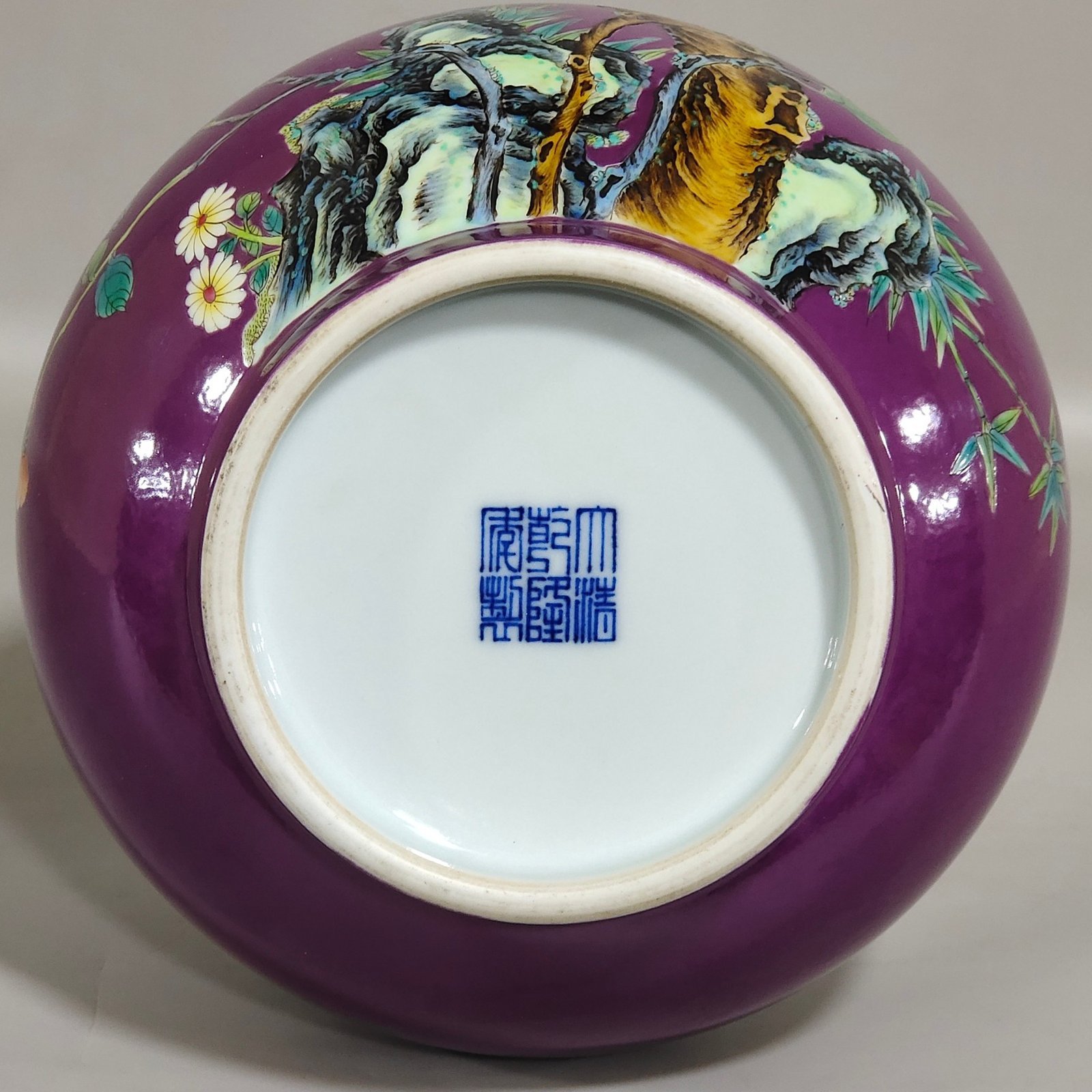 Qing Dynasty Qianlong SPurple glazed eggplant skin vase with poems about flowers and birds