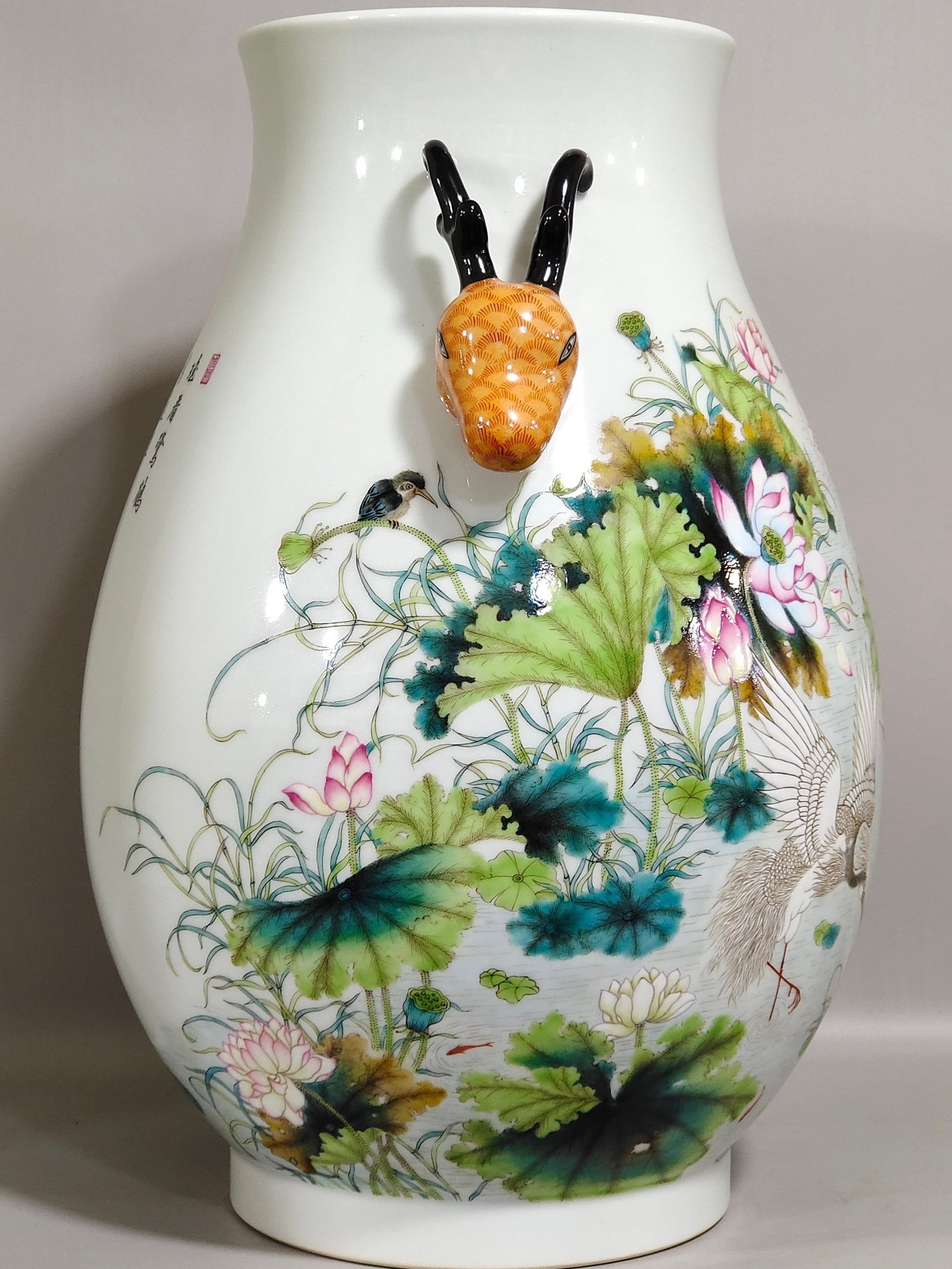Qing Dynasty Qianlong lotus egret kingfisher and poem deer headed statue