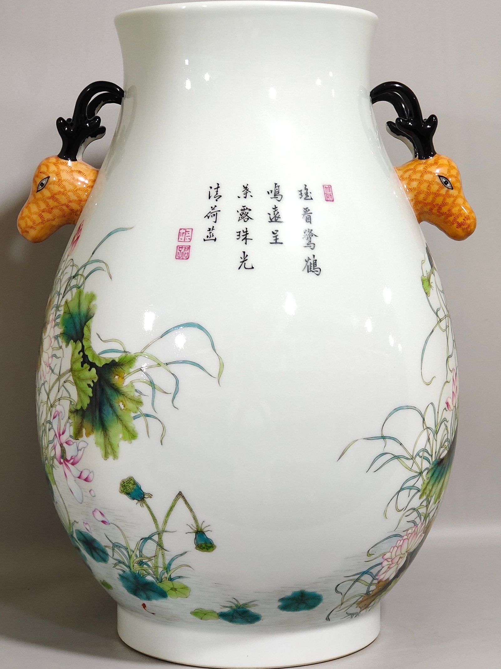 Qing Dynasty Qianlong lotus egret kingfisher and poem deer headed statue
