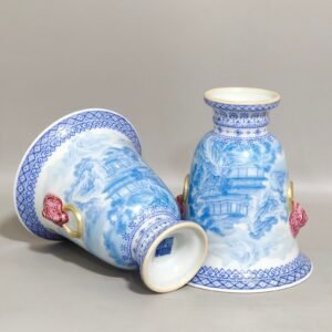 Qing Dynasty Qianlong blue Landscape Pavilion Poems Double Eared Goblet