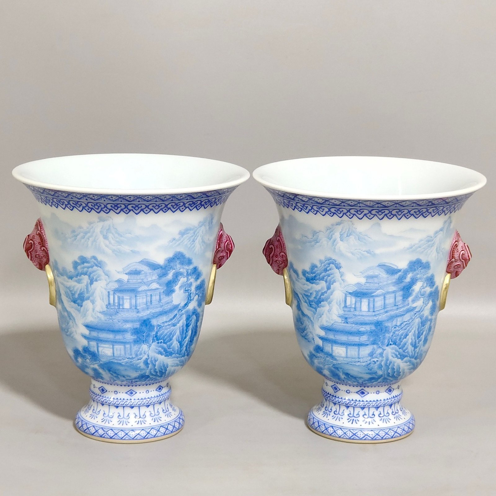 Qing Dynasty Qianlong blue Landscape Pavilion Poems Double Eared Goblet