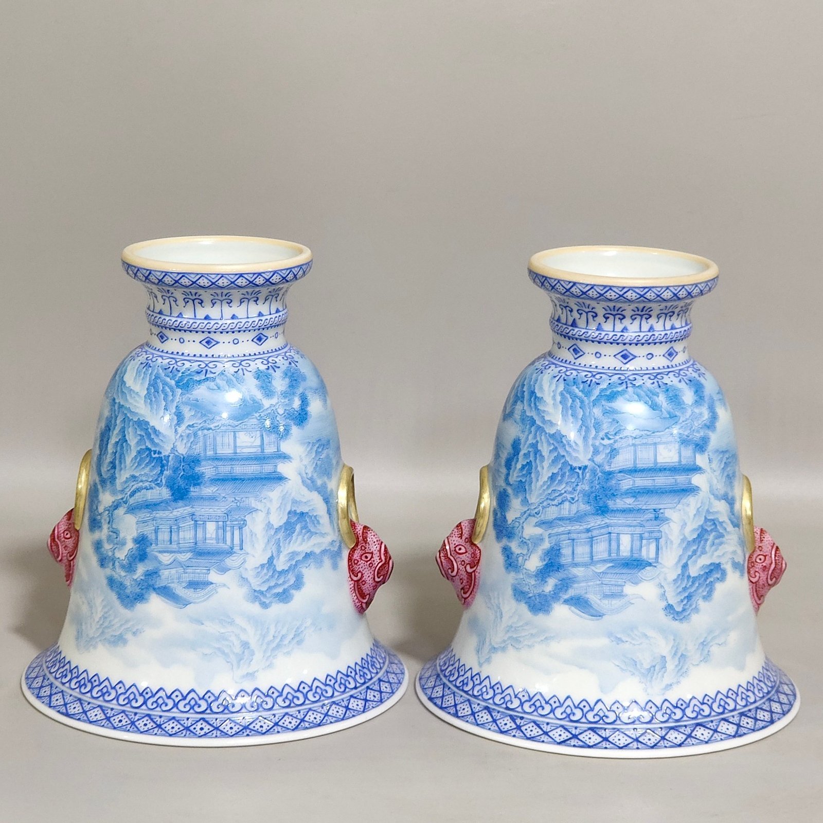 Qing Dynasty Qianlong blue Landscape Pavilion Poems Double Eared Goblet