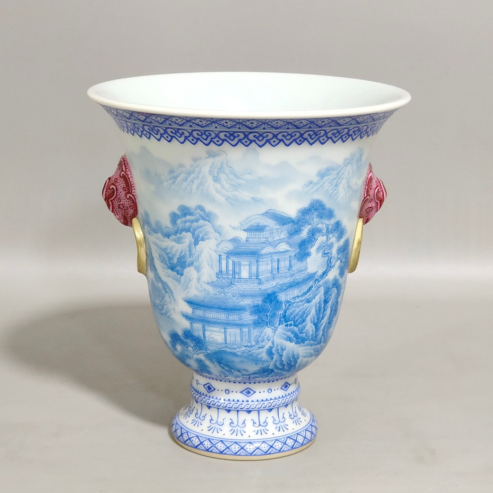 Qing Dynasty Qianlong blue Landscape Pavilion Poems Double Eared Goblet