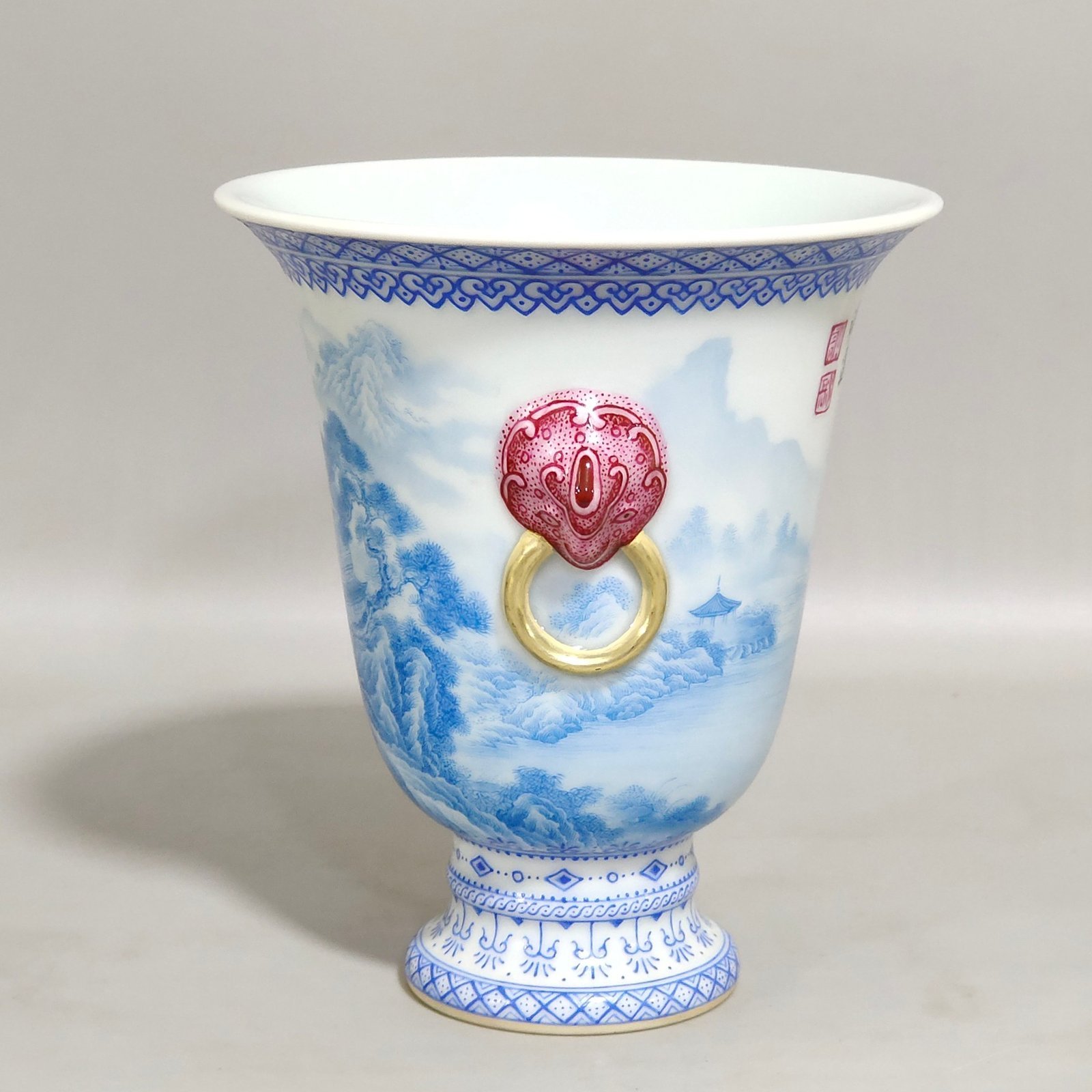 Qing Dynasty Qianlong blue Landscape Pavilion Poems Double Eared Goblet