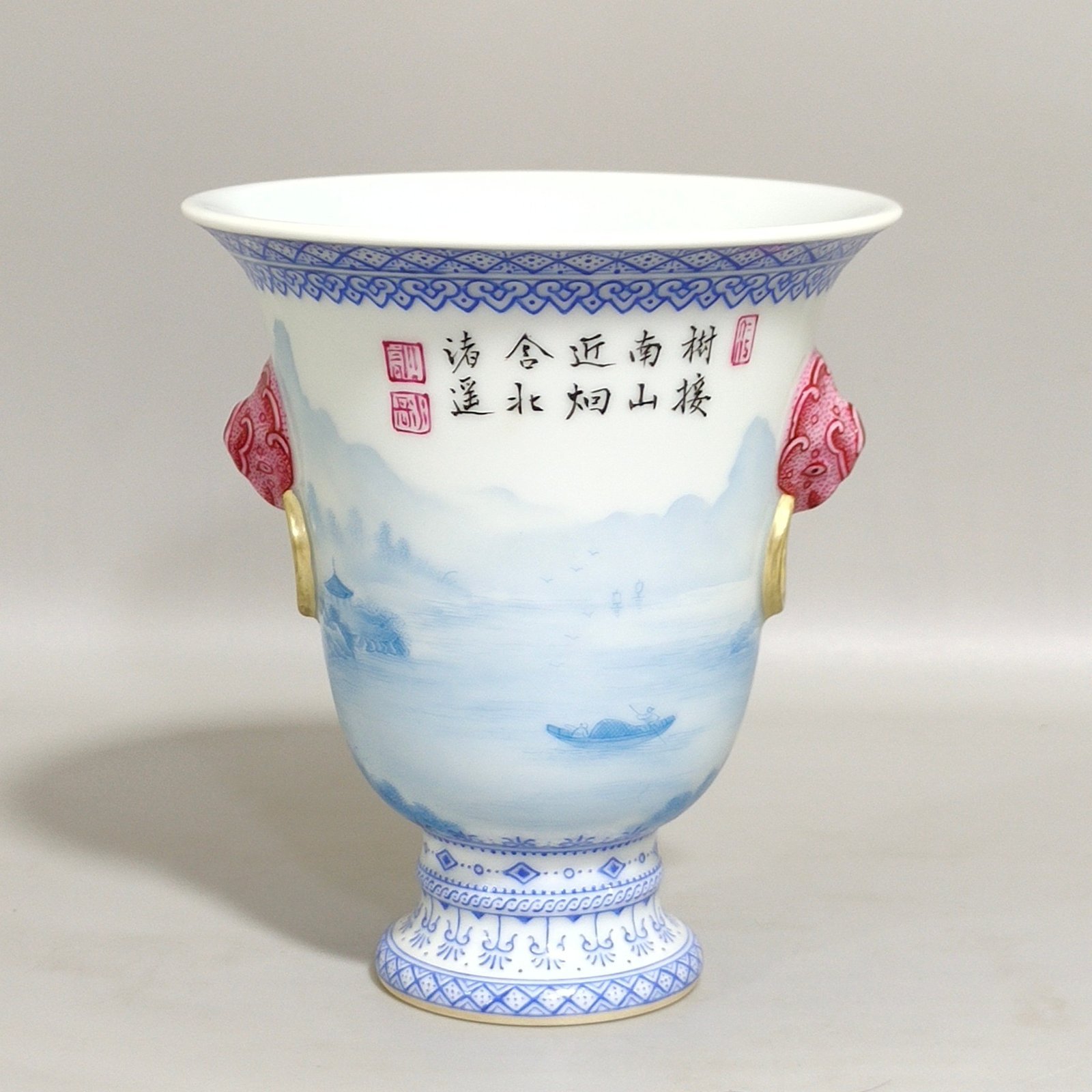 Qing Dynasty Qianlong blue Landscape Pavilion Poems Double Eared Goblet