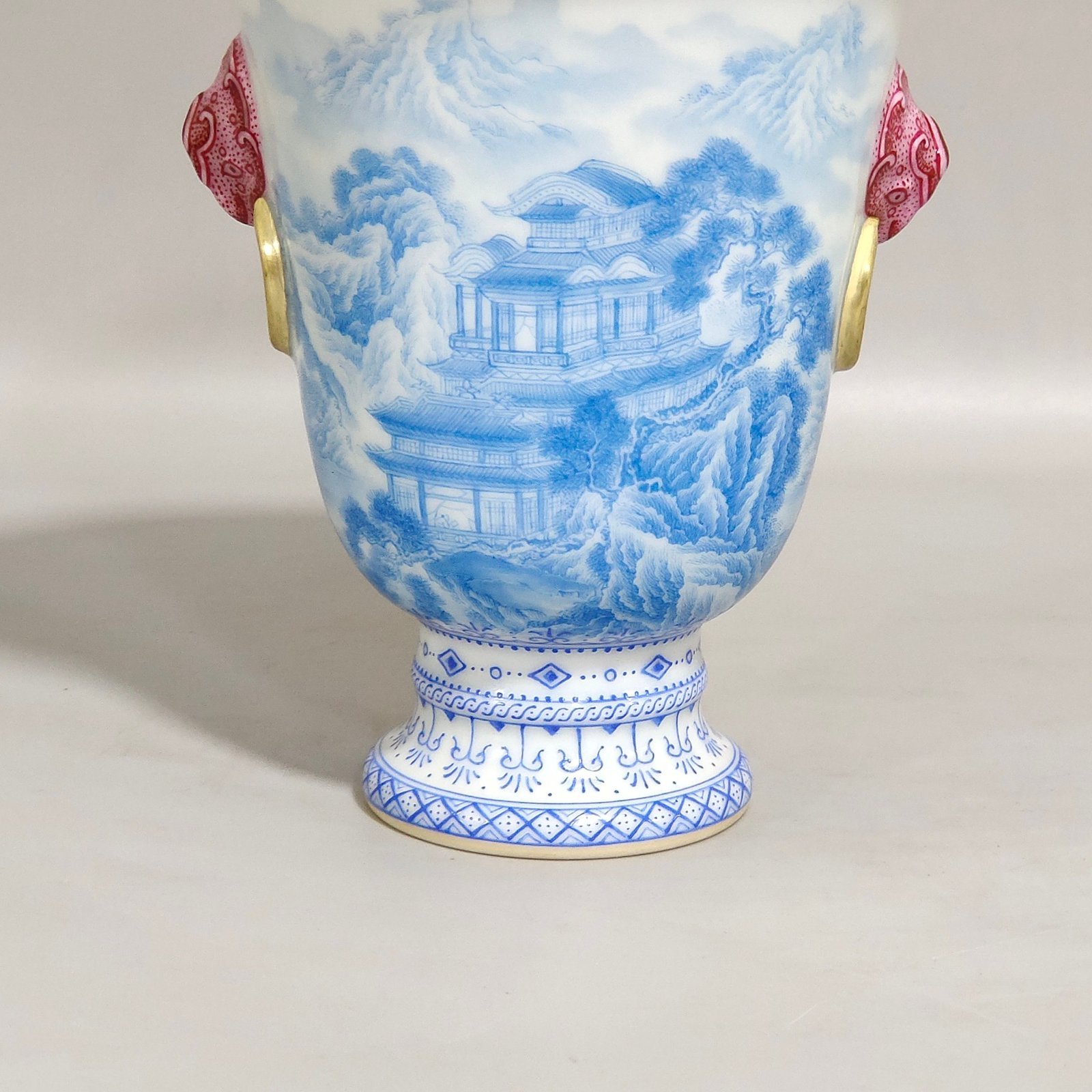 Qing Dynasty Qianlong blue Landscape Pavilion Poems Double Eared Goblet