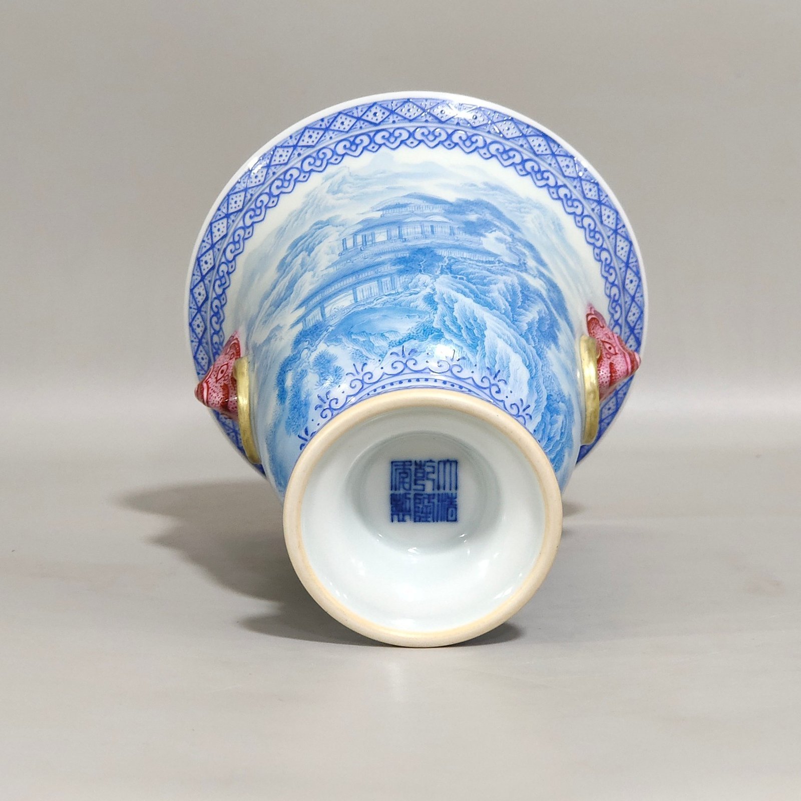 Qing Dynasty Qianlong blue Landscape Pavilion Poems Double Eared Goblet