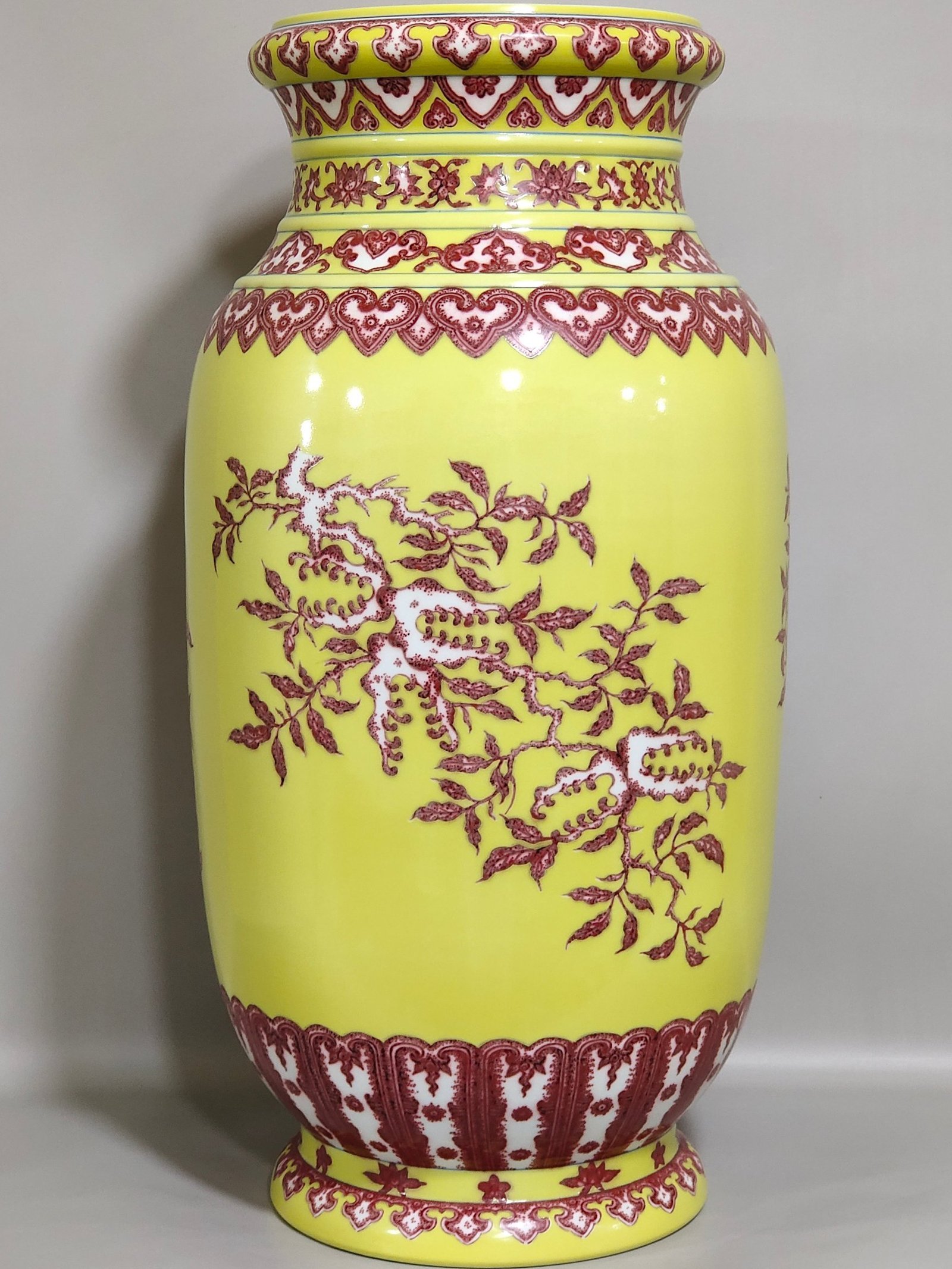 Qing Dynasty Qianlong underglaze red and yellow three barrel bottle