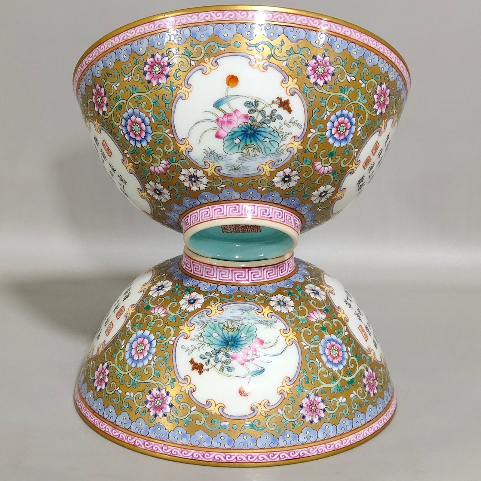 Qing Dynasty Qianlong a gold plated window opening flower inscribed bowl