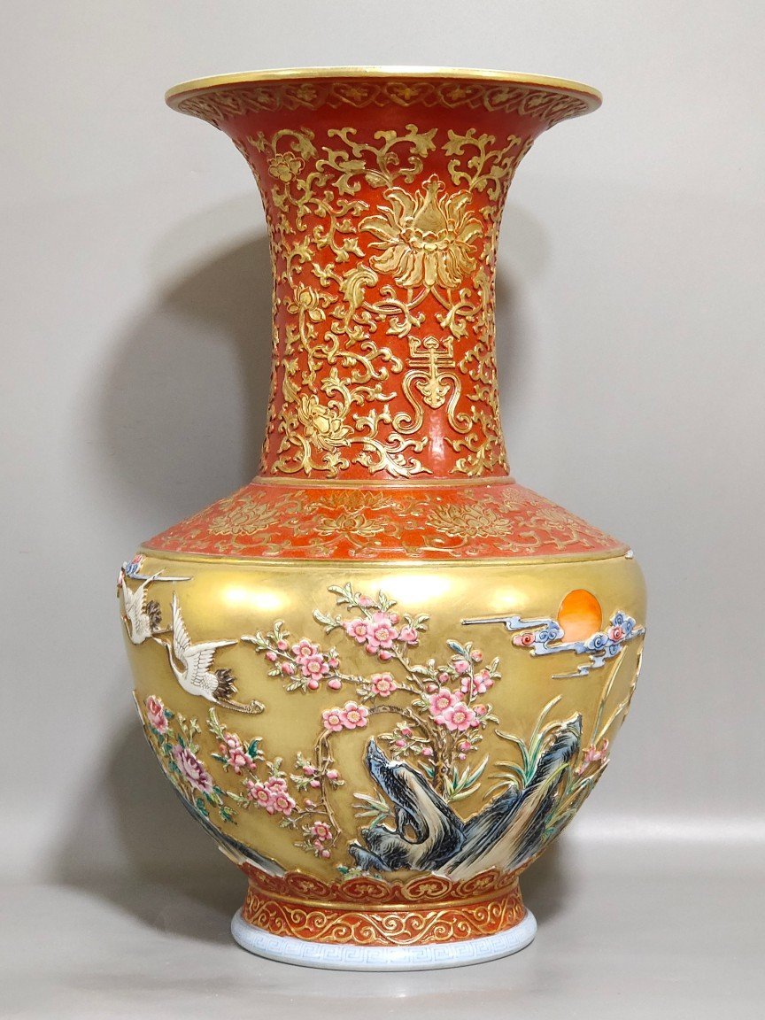 Qing Dynasty Qianlong Golden ground carving of Songs Cranes and Flower Mushrooms