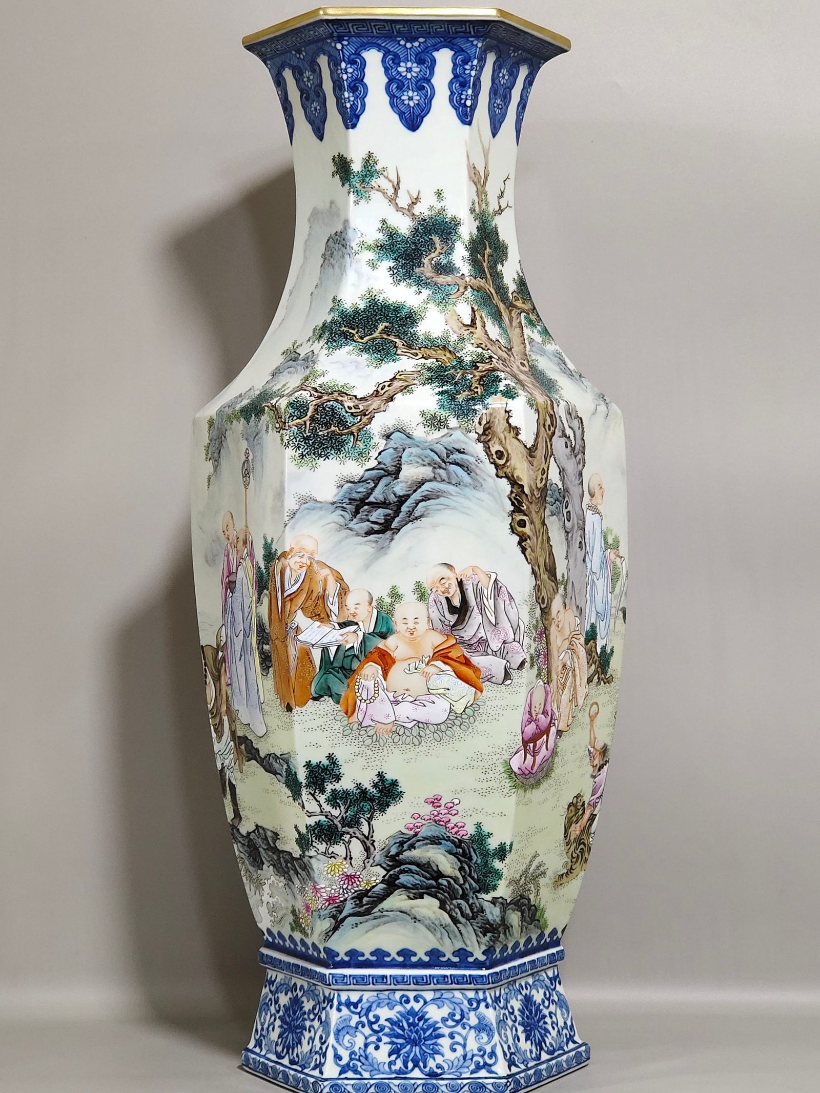 Qing Dynasty Qianlong blue and white with pastel figures and eighteen Arhat square vase