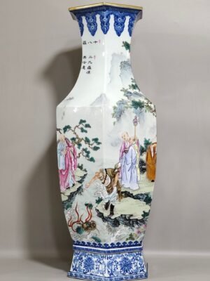 Qing Dynasty Qianlong blue and white with pastel figures and eighteen Arhat square vase