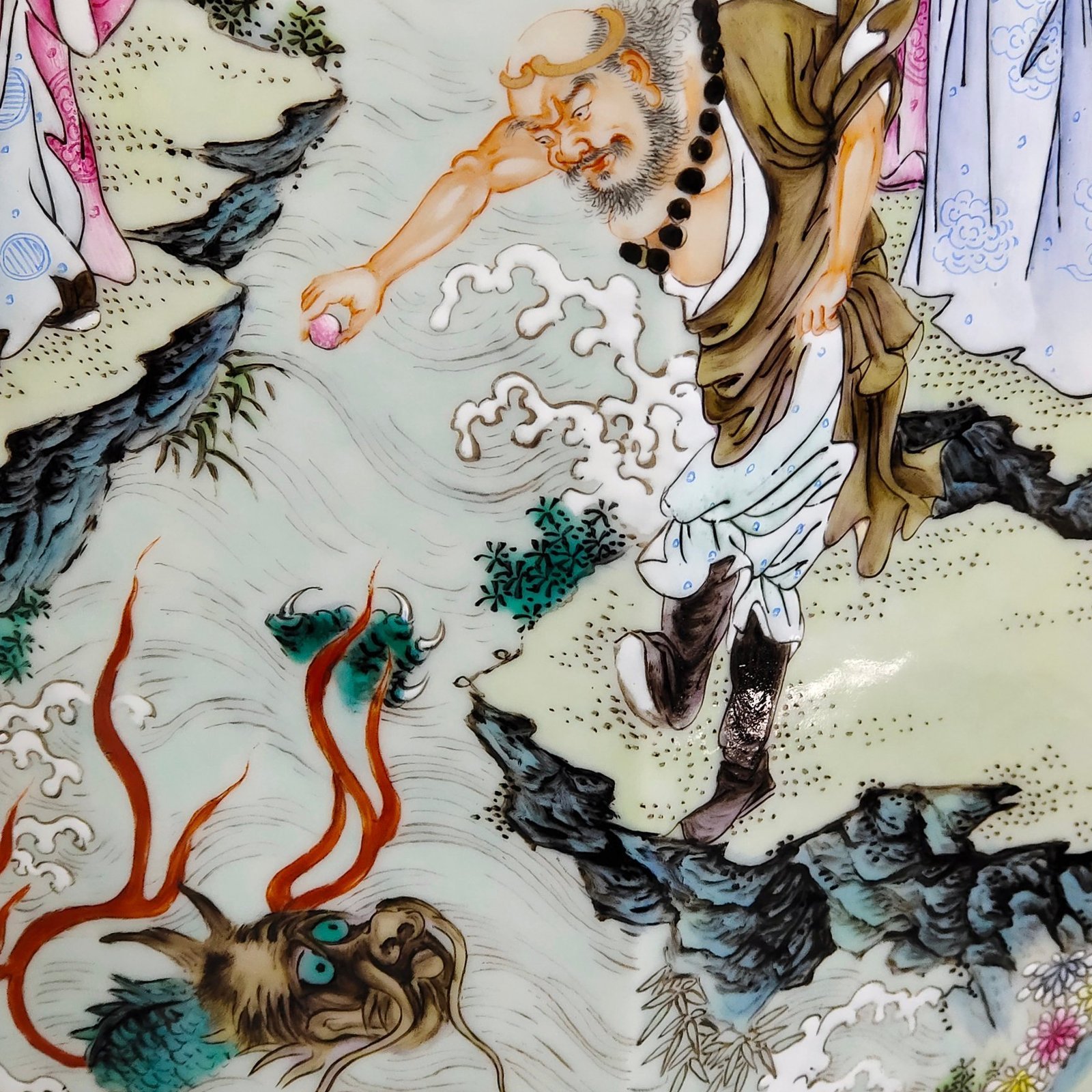 Qing Dynasty Qianlong blue and white with pastel figures and eighteen Arhat square vase