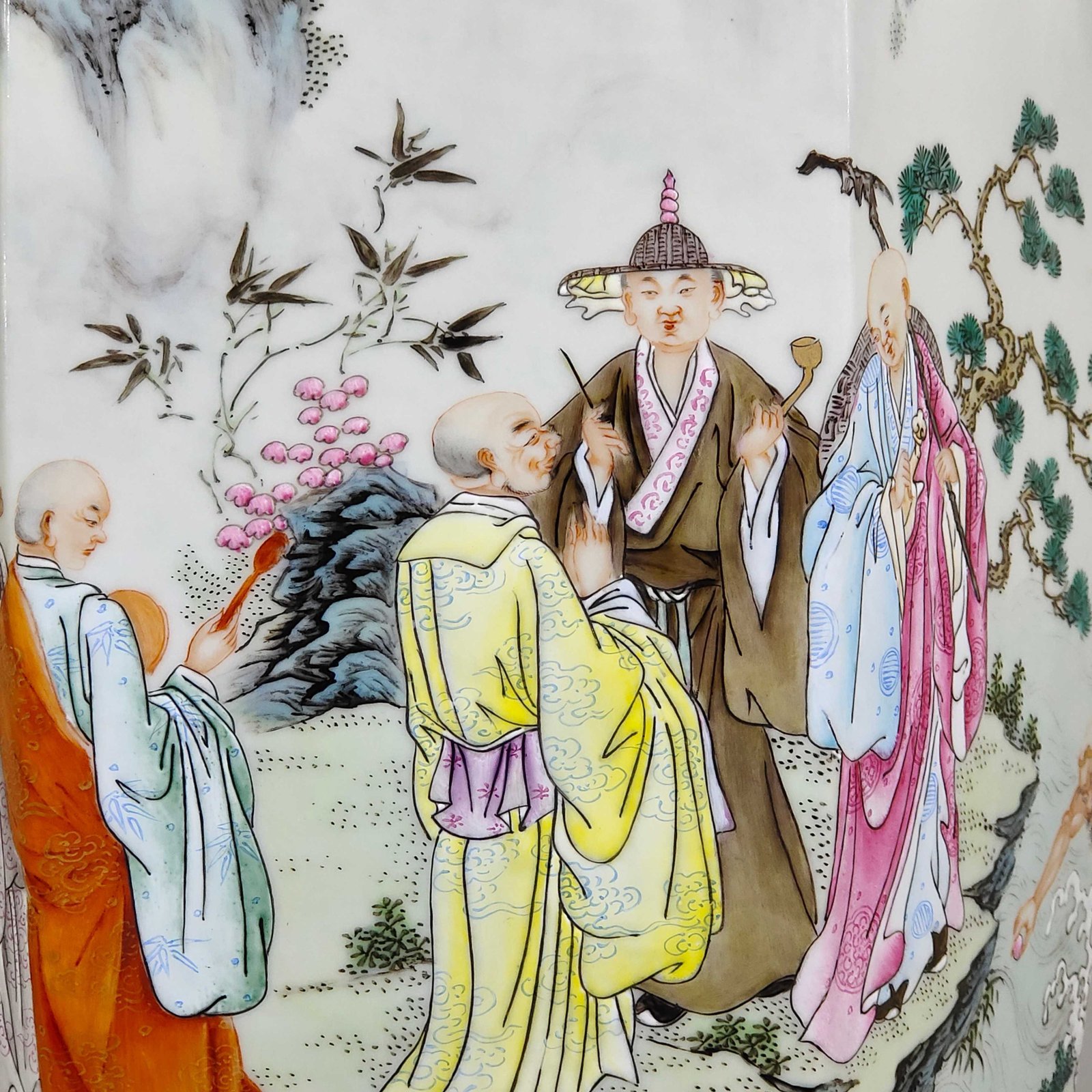 Qing Dynasty Qianlong blue and white with pastel figures and eighteen Arhat square vase