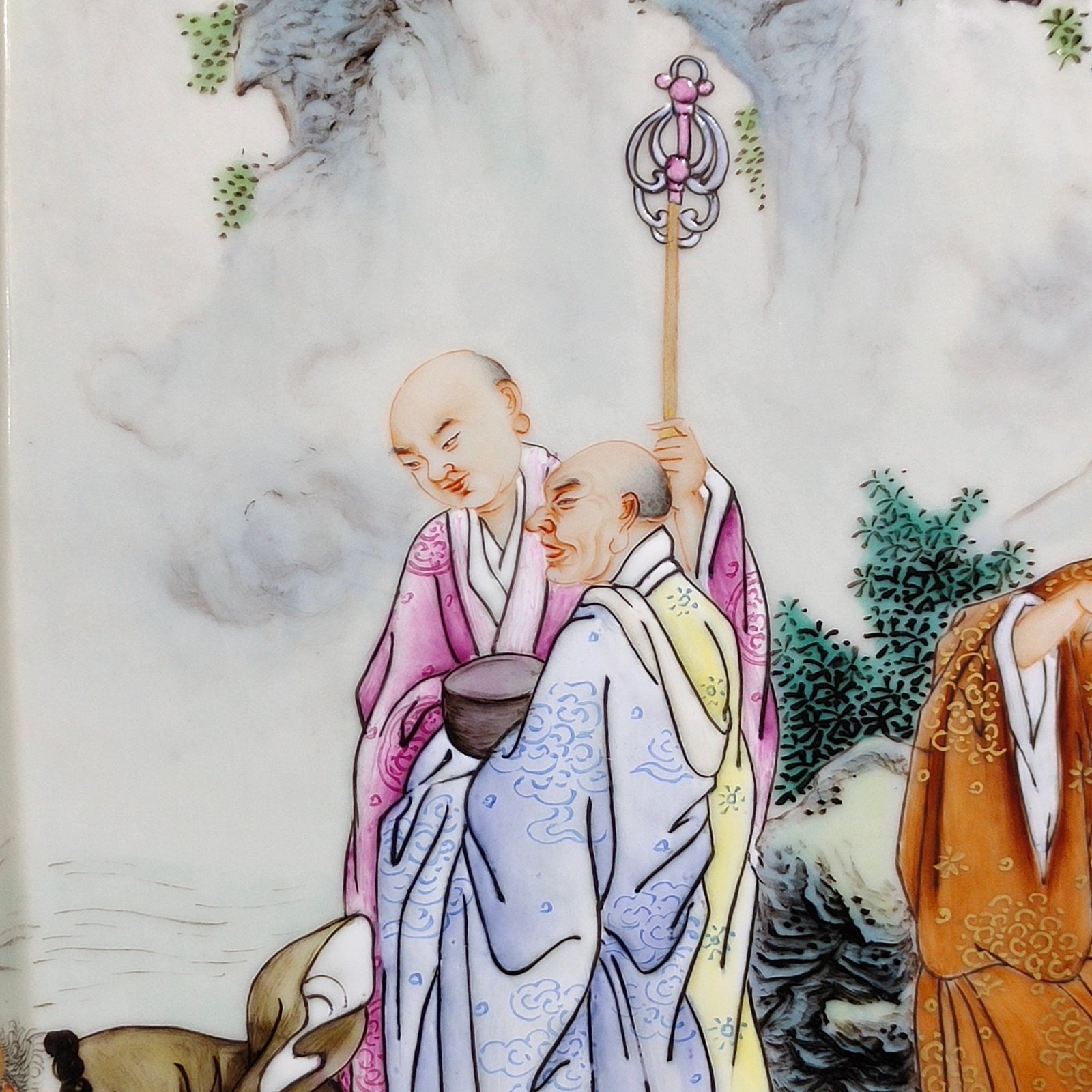 Qing Dynasty Qianlong blue and white with pastel figures and eighteen Arhat square vase