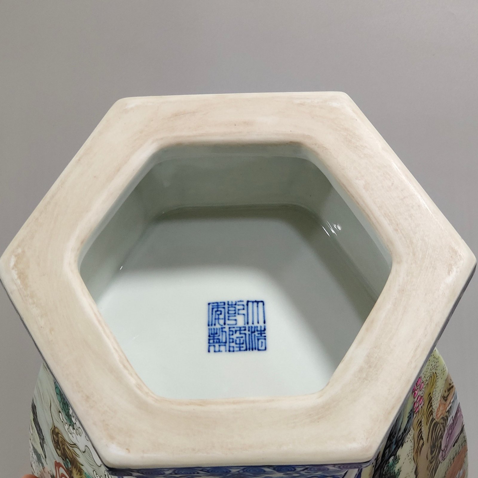 Qing Dynasty Qianlong blue and white with pastel figures and eighteen Arhat square vase