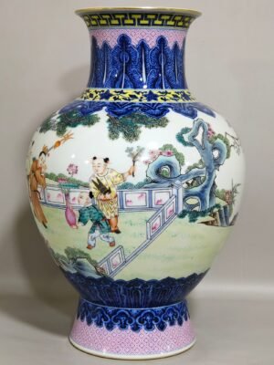 Qing Dynasty Qianlong blue and white and pastel figure boy vase