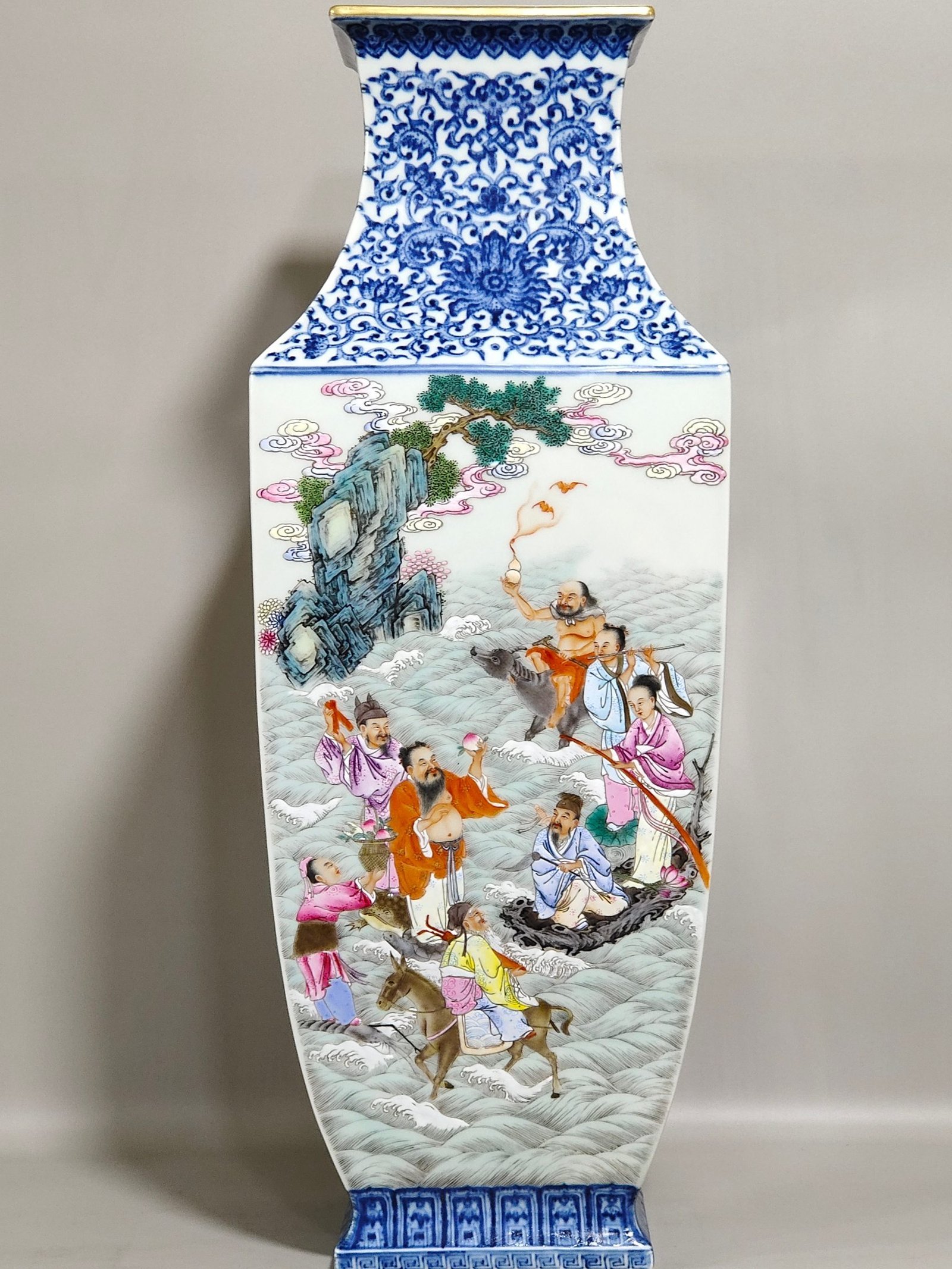 Qing Dynasty Qianlong blue and white and pastel square vase with eight immortals crossing the sea