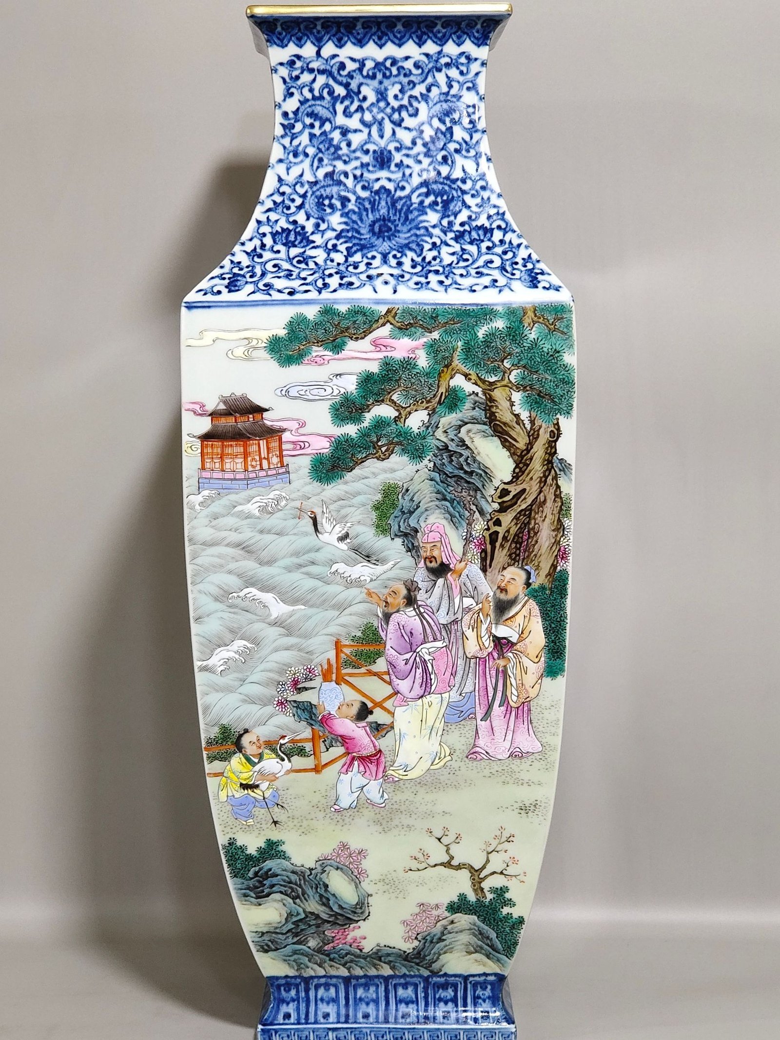 Qing Dynasty Qianlong blue and white and pastel square vase with eight immortals crossing the sea