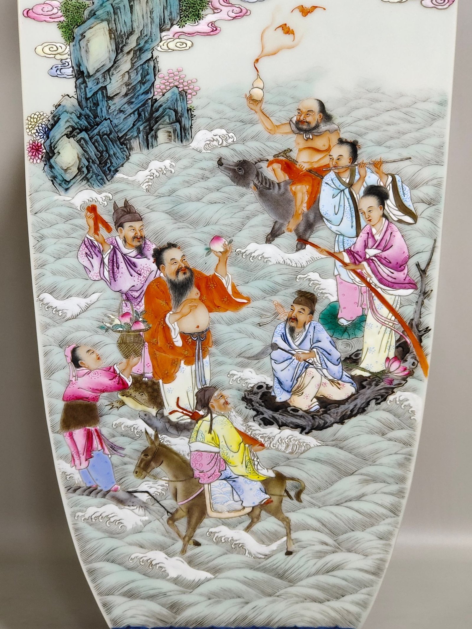 Qing Dynasty Qianlong blue and white and pastel square vase with eight immortals crossing the sea