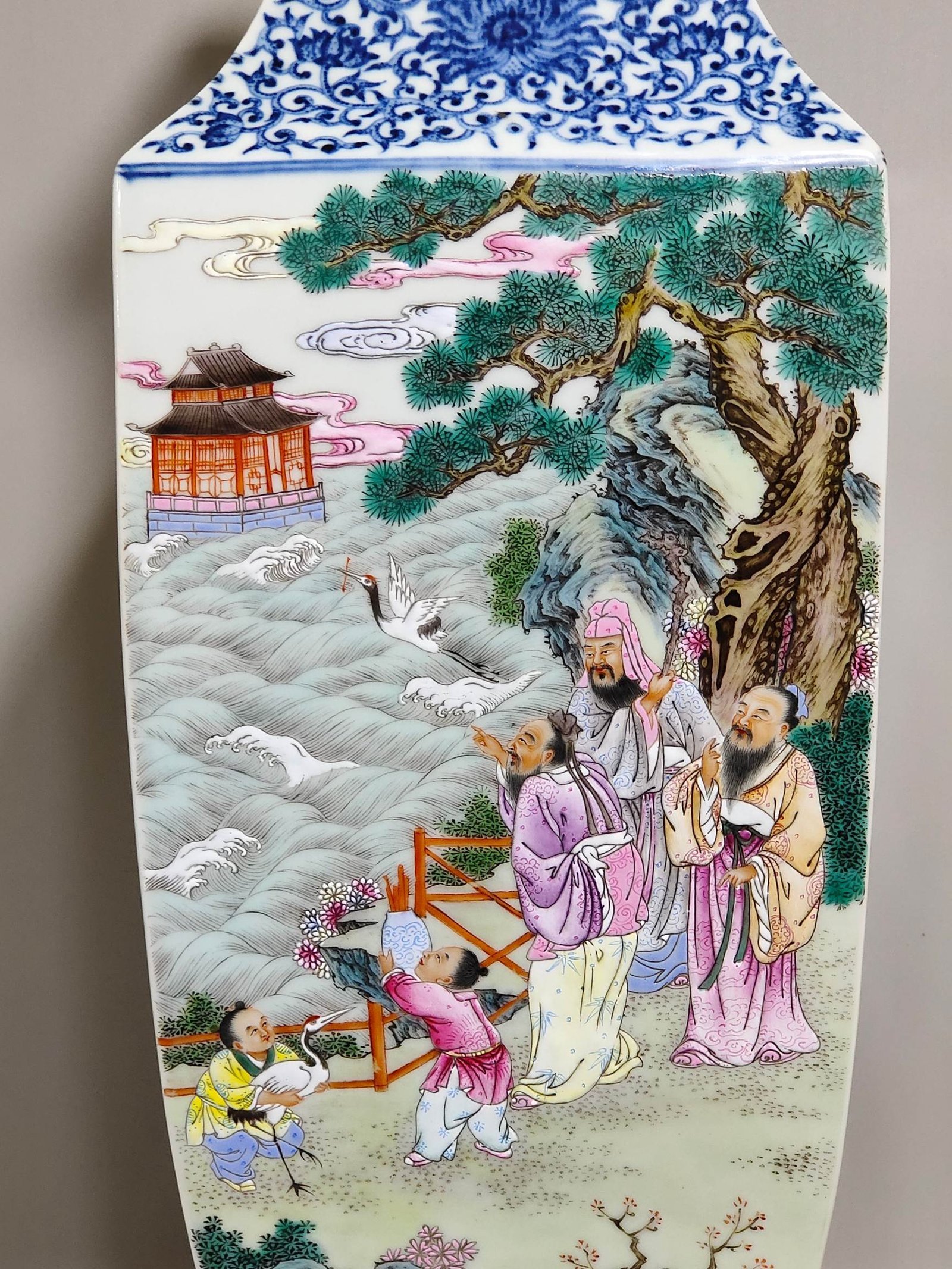 Qing Dynasty Qianlong blue and white and pastel square vase with eight immortals crossing the sea