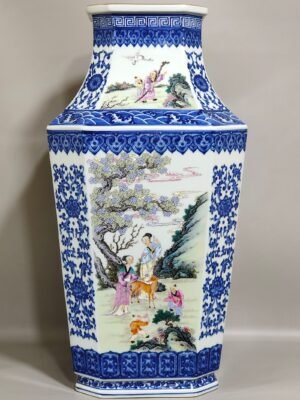 Qing Dynasty Qianlong blue and white vase with pastel windows and figures and stories