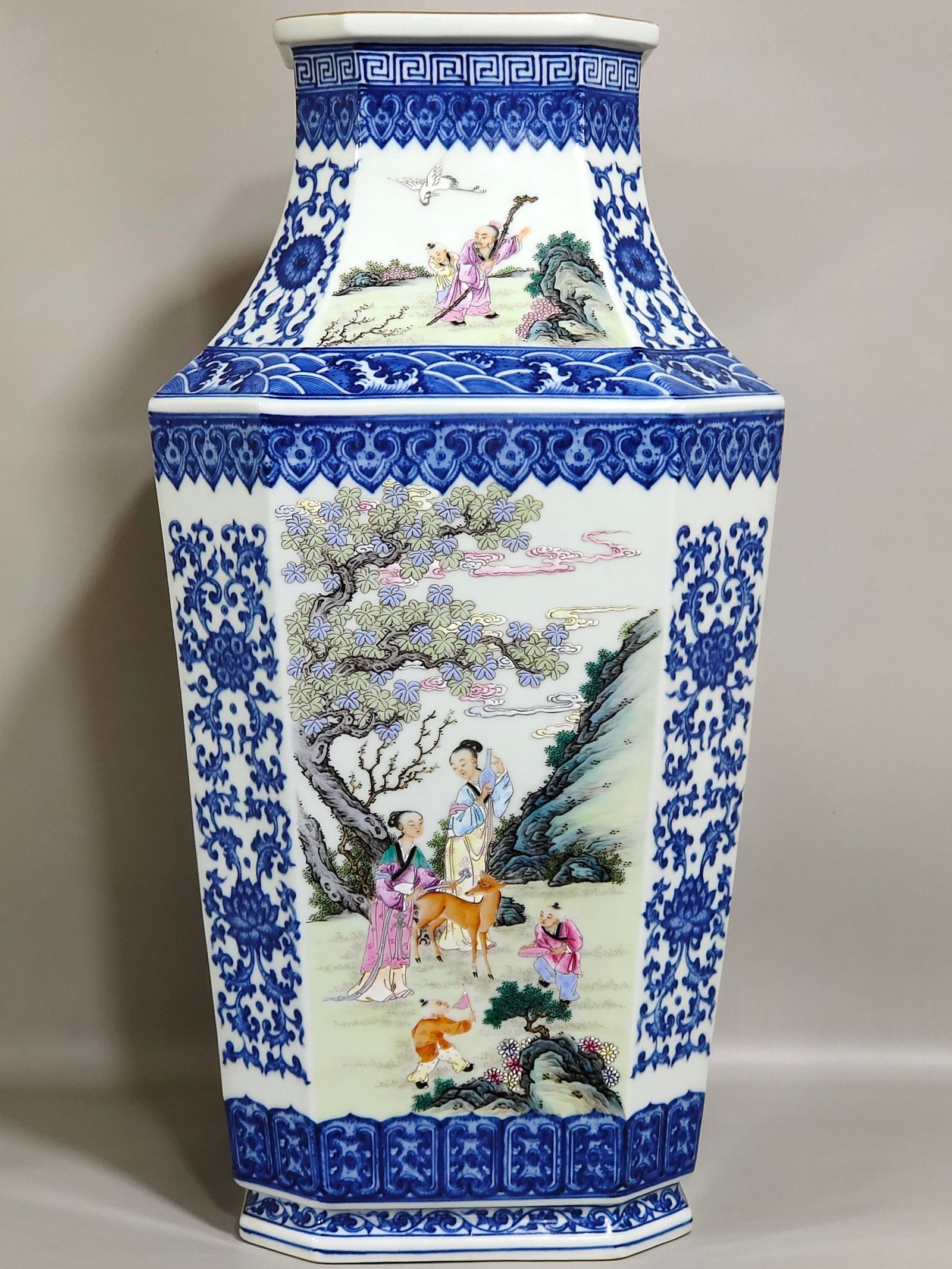 Qing Dynasty Qianlong blue and white vase with pastel windows and figures and stories