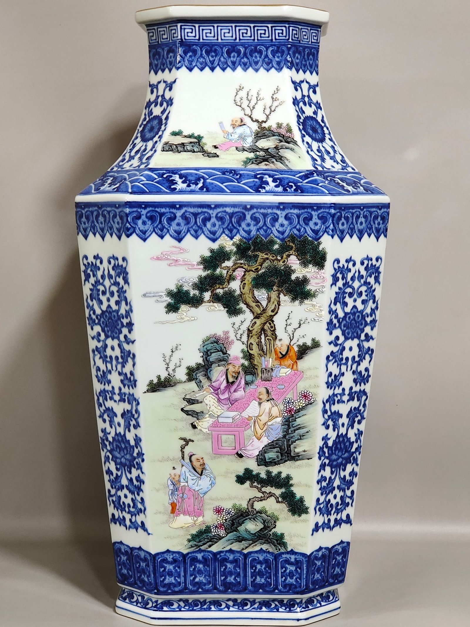 Qing Dynasty Qianlong blue and white vase with pastel windows and figures and stories