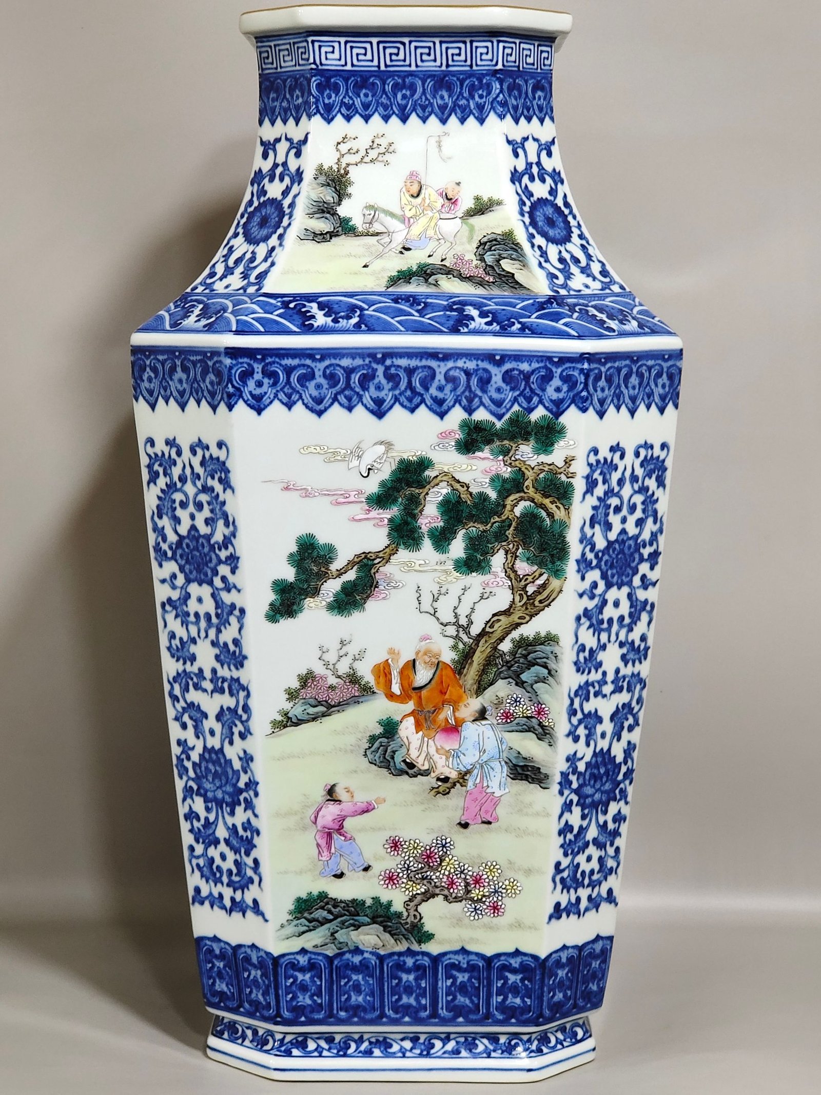 Qing Dynasty Qianlong blue and white vase with pastel windows and figures and stories
