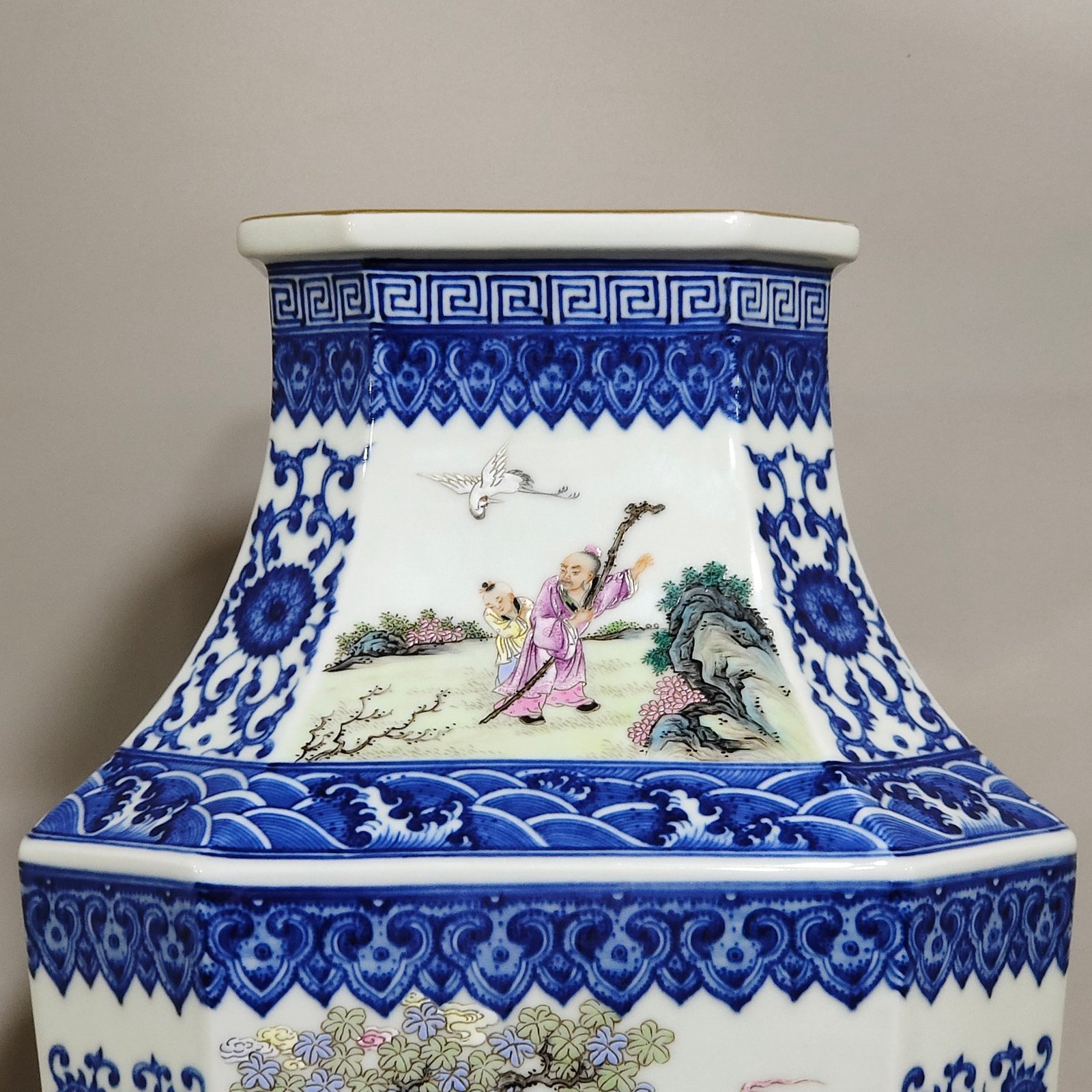Qing Dynasty Qianlong blue and white vase with pastel windows and figures and stories