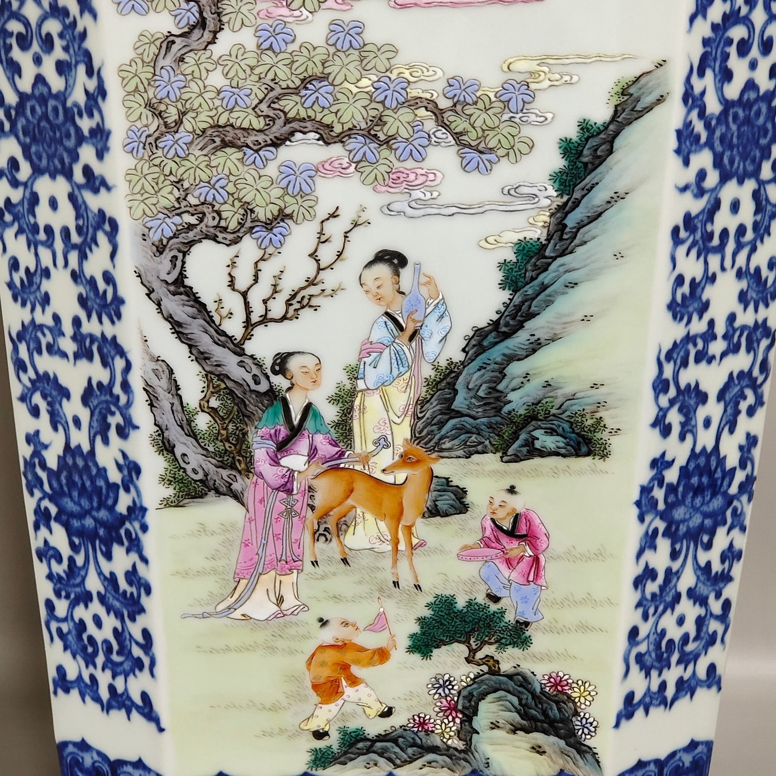 Qing Dynasty Qianlong blue and white vase with pastel windows and figures and stories