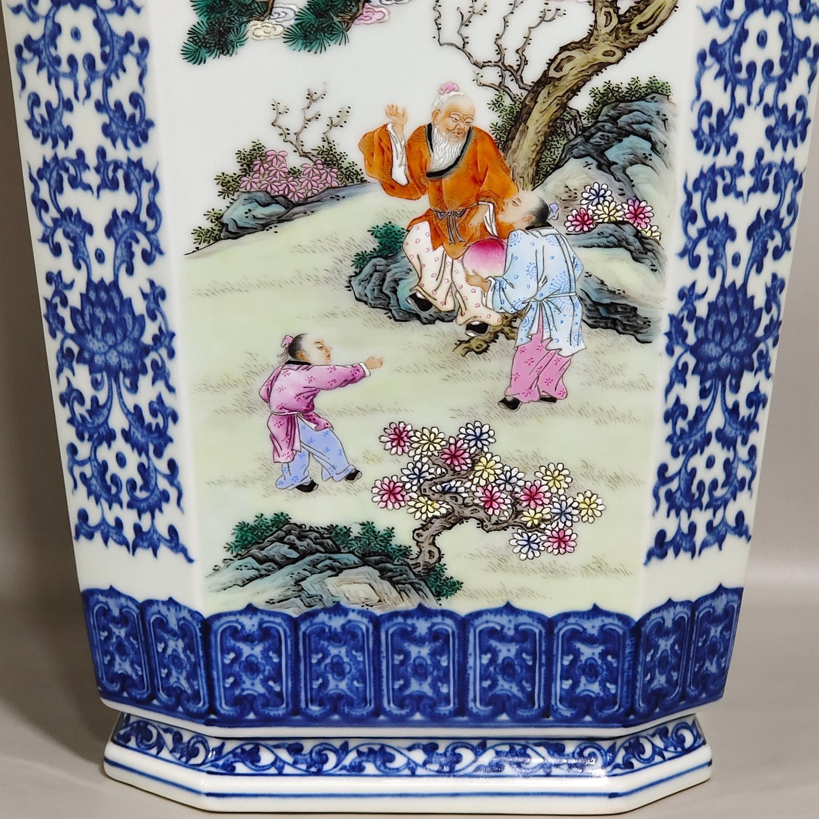 Qing Dynasty Qianlong blue and white vase with pastel windows and figures and stories