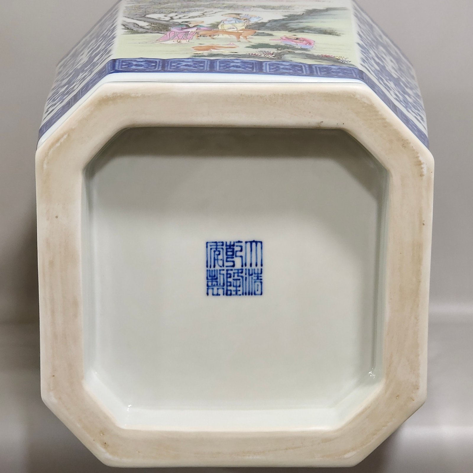 Qing Dynasty Qianlong blue and white vase with pastel windows and figures and stories
