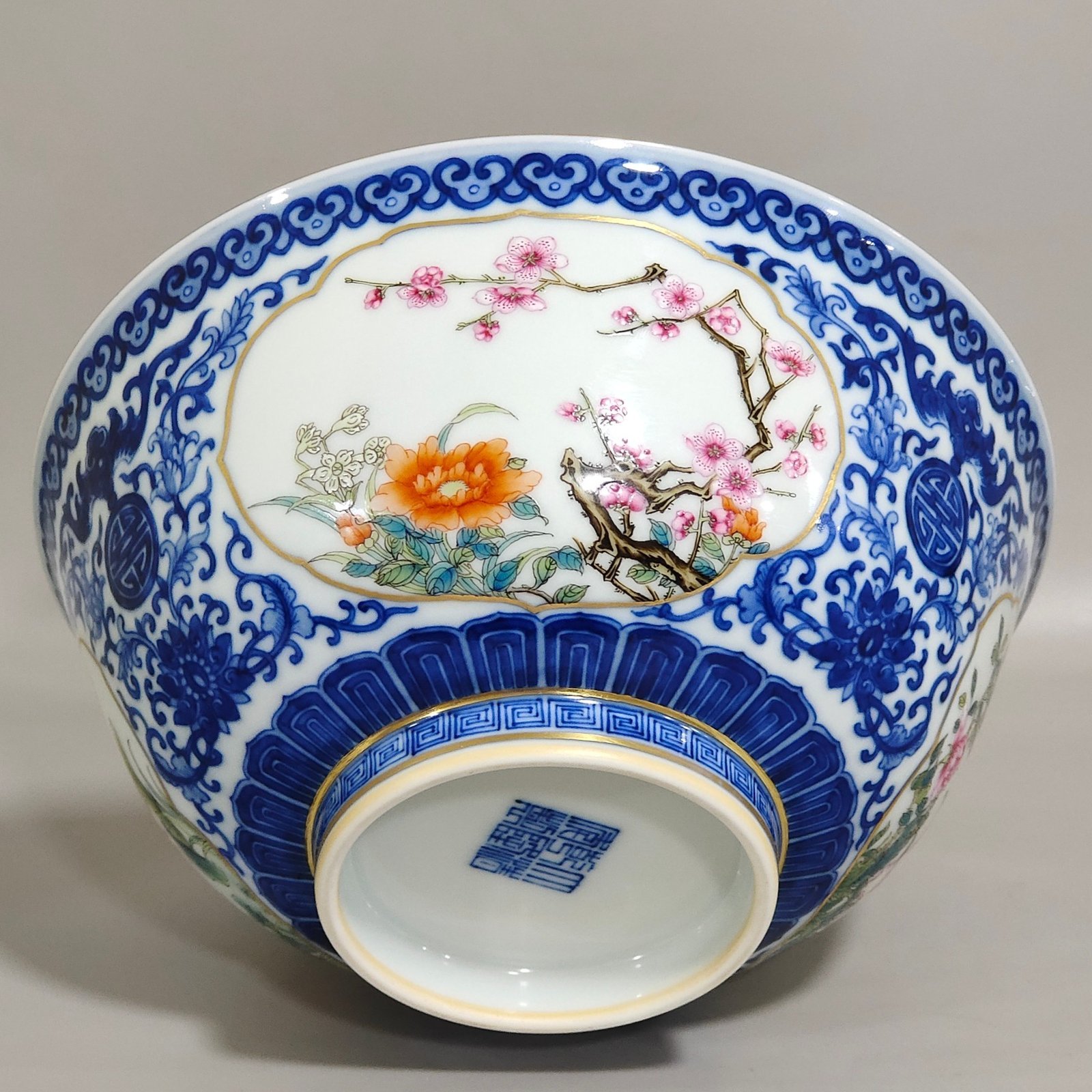 Qing Dynasty Qianlong blue and white and pastel window flower bowl