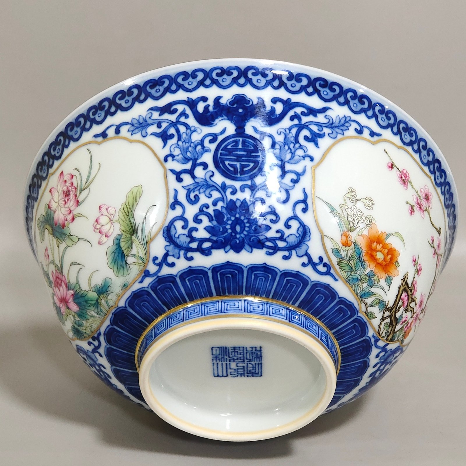 Qing Dynasty Qianlong blue and white and pastel window flower bowl