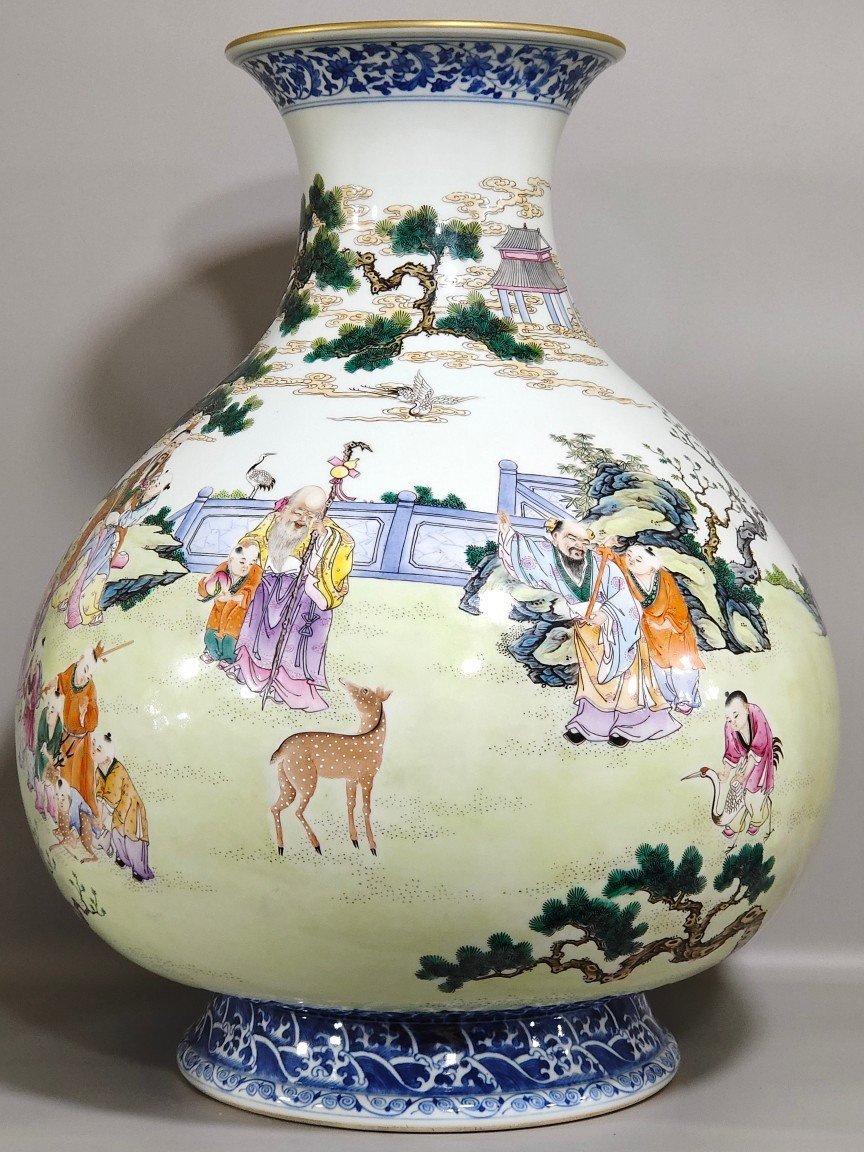 Qing Dynasty Qianlong blue and white plus pastel Large jade pot and spring vase