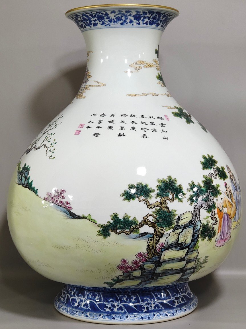 Qing Dynasty Qianlong blue and white plus pastel Large jade pot and spring vase
